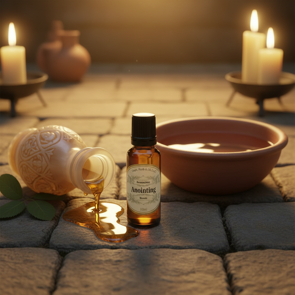 Anointing - stone floor with alabaster jar and clay basin
