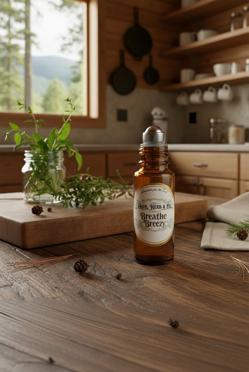 Breathe Breezy Roller Blend amber glass roller bottle on a wooden countertop in a rustic kitchen setting