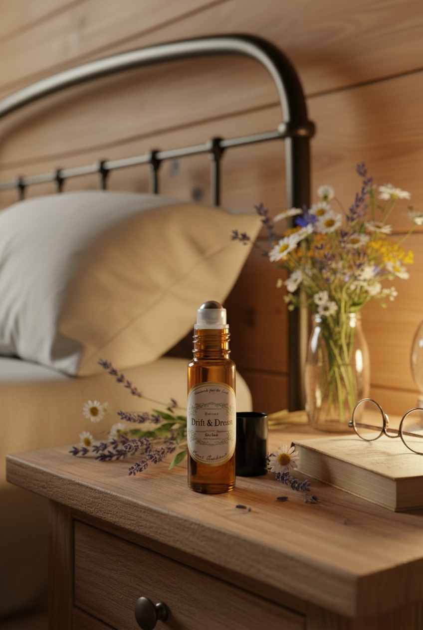 Drift & Dream roller bottle on a nightstand