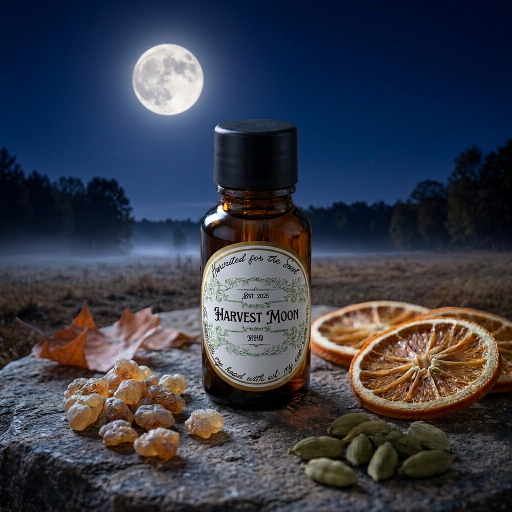 Harvest Moon bottle outdoors under a glowing full moon