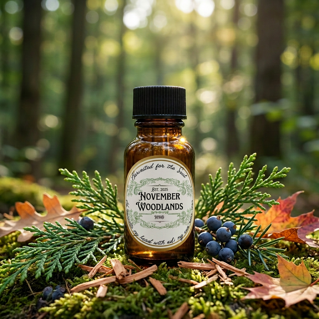 November Woodlands label with product name, screw cap
