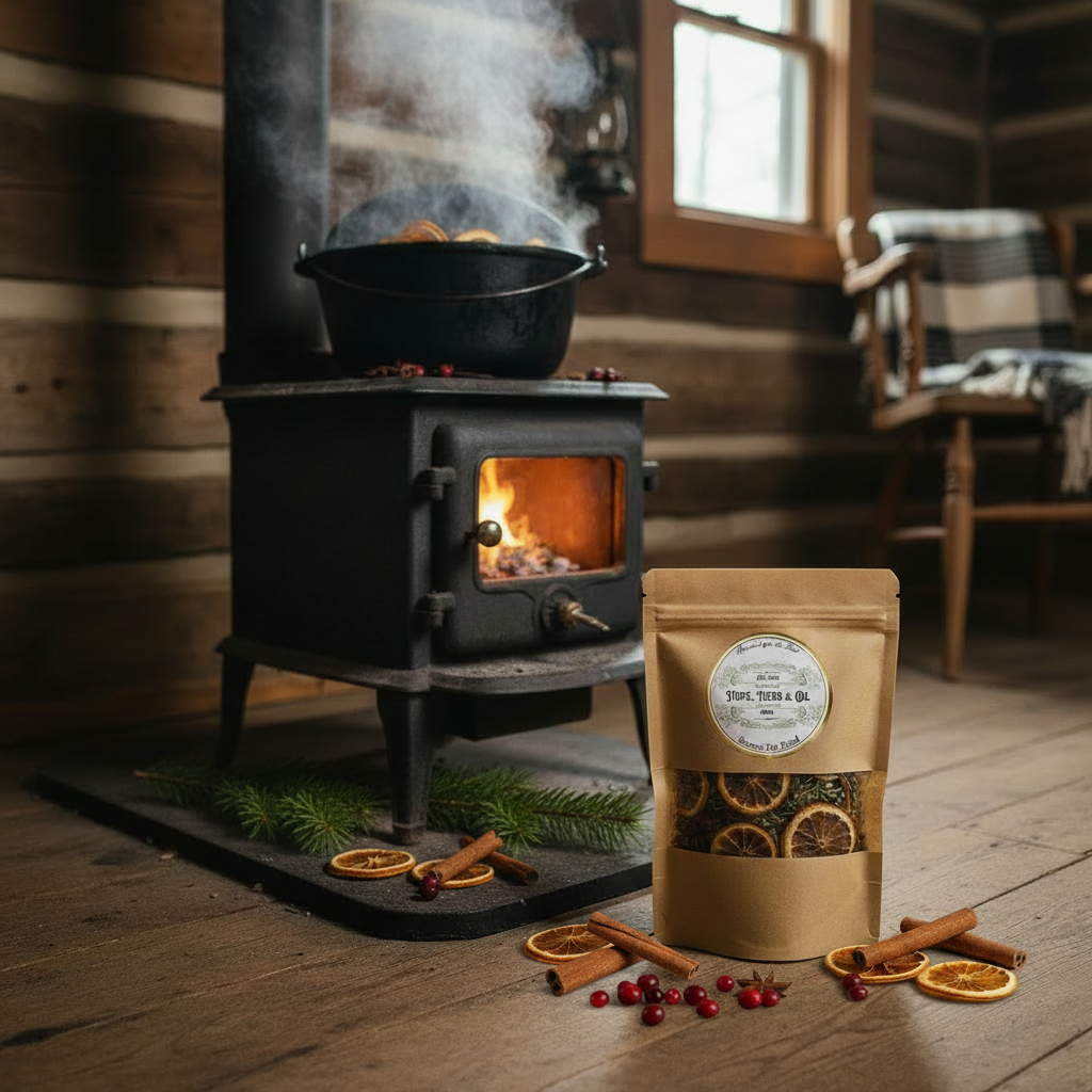 Simmer Pot Blend - pine branches and cinnamon on hearth