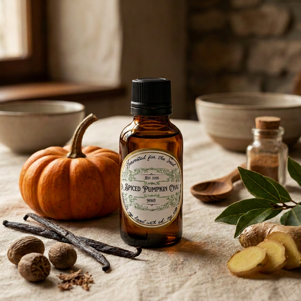Spiced Pumpkin Chai label with product name, screw cap
