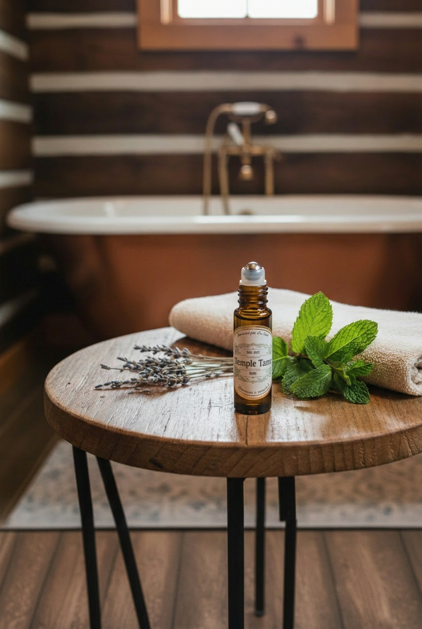 Temple Tame roller bottle in a rustic bathroom scene